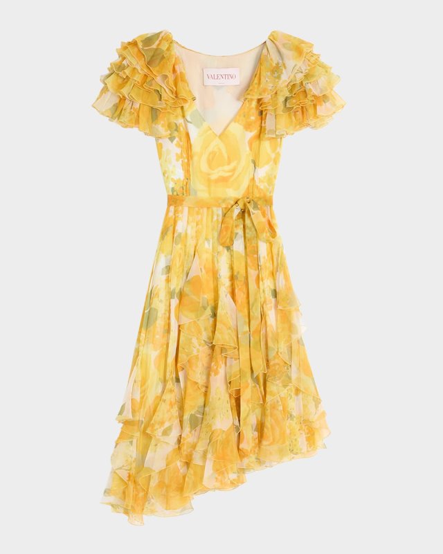 Gaille Rose Papier Floral Chiffon Asymmetric Dress
